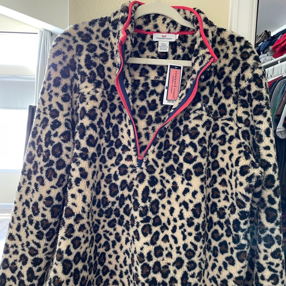 Vineyard Vines- H2F Teddy Fleece Quarter zip! Leopard Print- new- women’s XL- - Picture 2 of 7